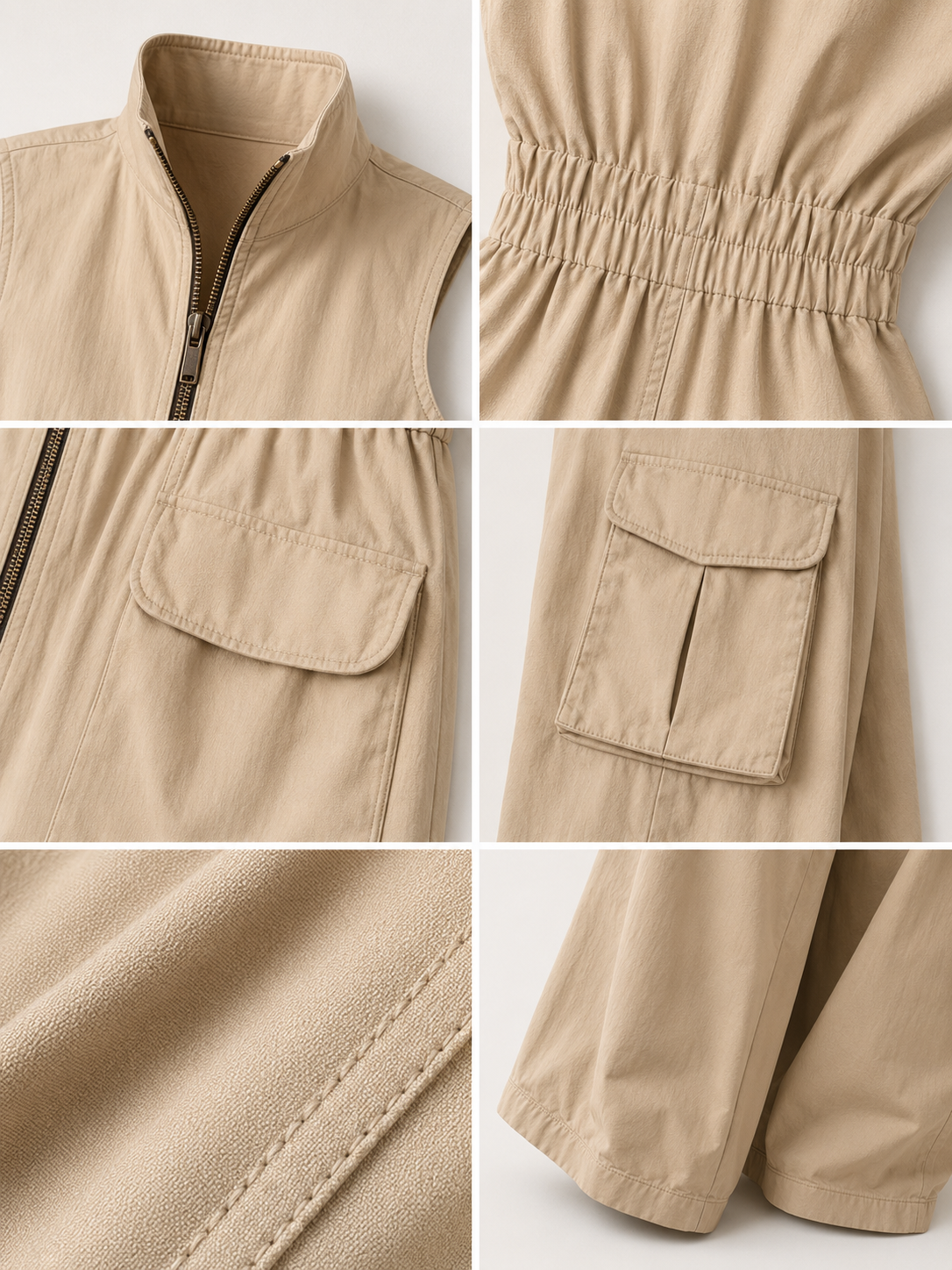 Elisabetta | Tuta senza maniche in twill di cotone beige con tasche cargo