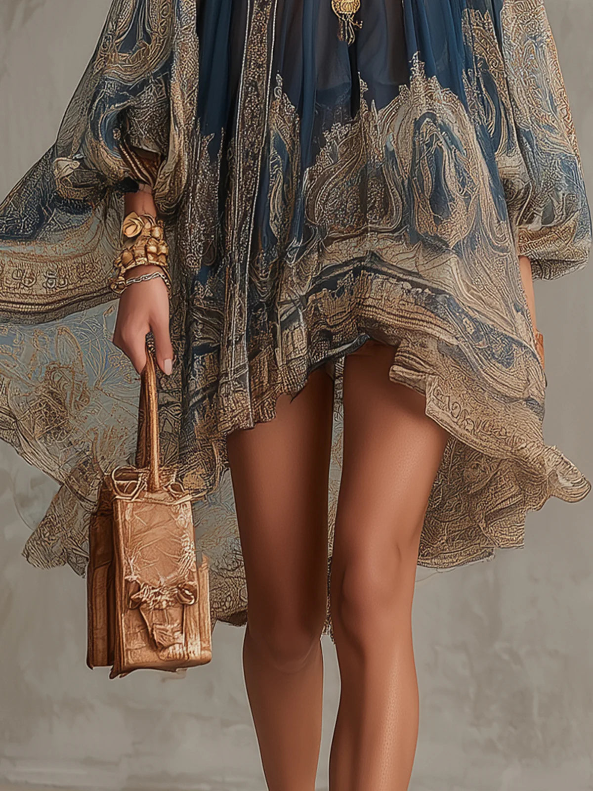 Sherazade | Vestito mini in chiffon blu navy con stampa barocca, colletto alto e orlo irregolare