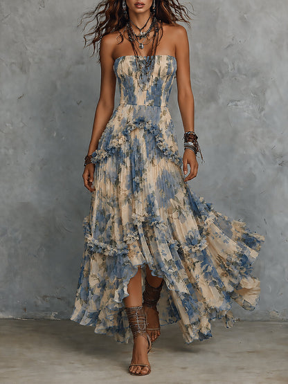 Veronica | Elegante vestito lungo in chiffon stampato senza spalline con volant