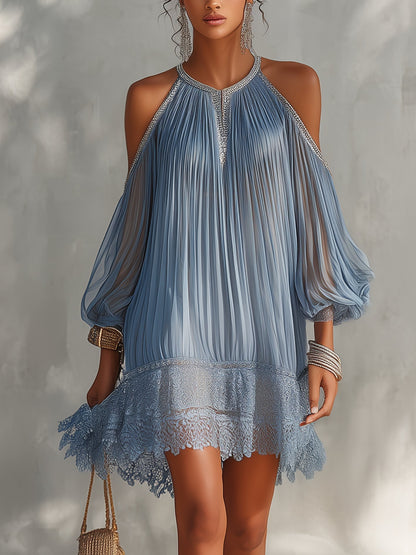 Cinzia - Vestito mini blu a spalle scoperte con ruches e orlo in pizzo