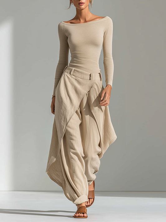 Angela | Top beige con scollo a barca e set di pantaloni palazzo a strati