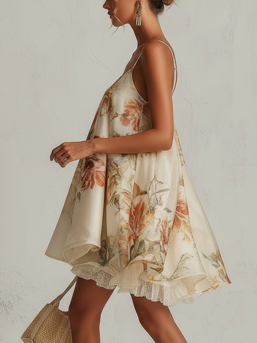 Tamara - Vestido corto de línea A en organza beige con motivo floral y borde de encaje