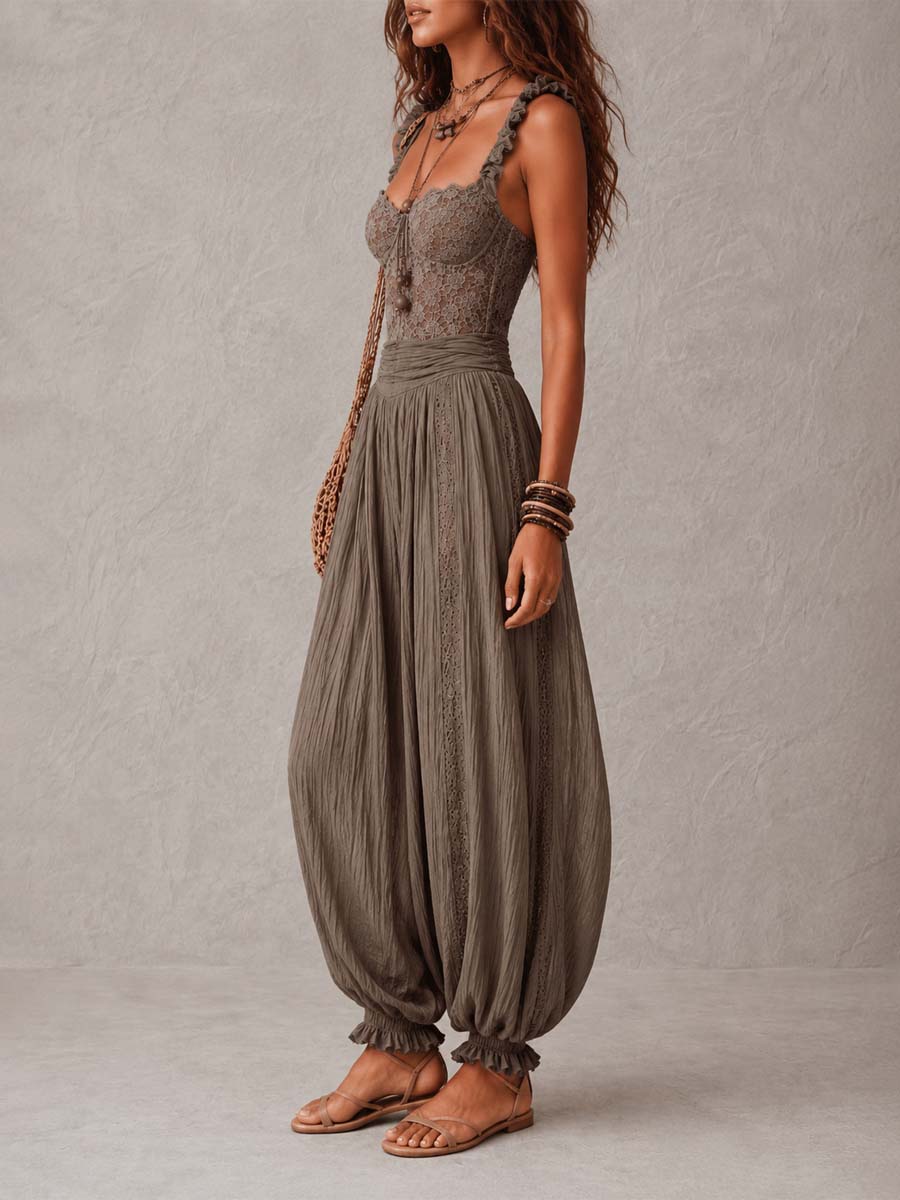 Pilar | Conjunto de bandeau de encaje gris y pantalones harem de algodón plisados
