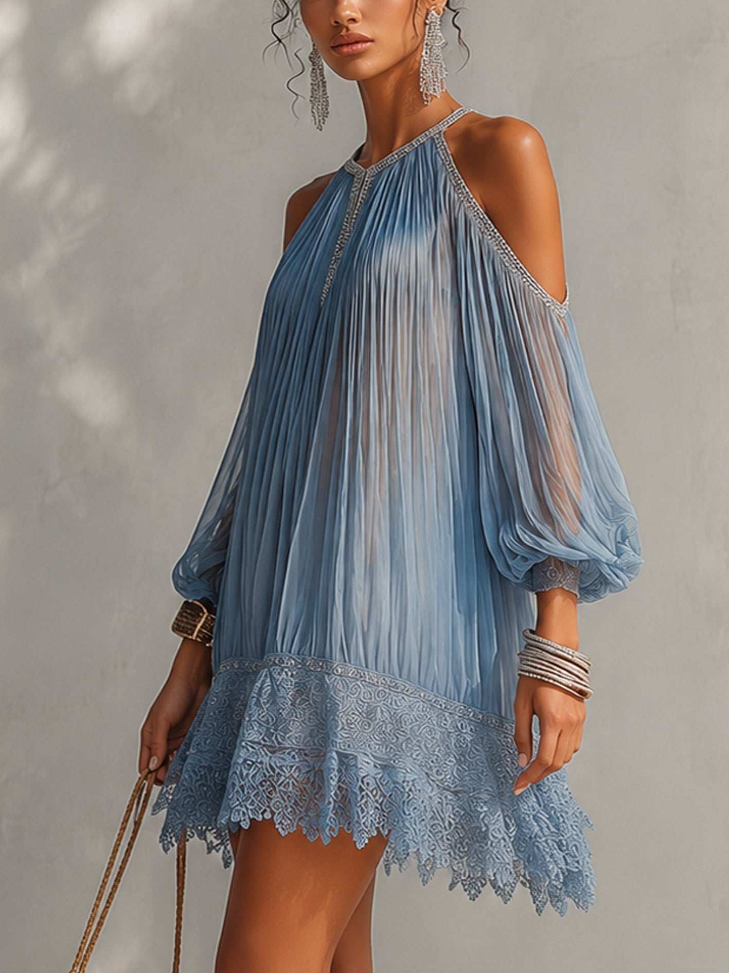 Cinzia - Vestito mini blu a spalle scoperte con ruches e orlo in pizzo