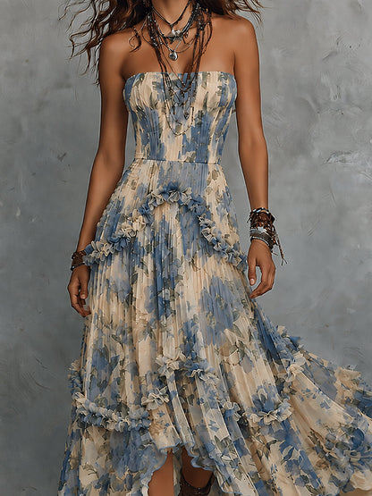 Veronica | Elegante vestito lungo in chiffon stampato senza spalline con volant