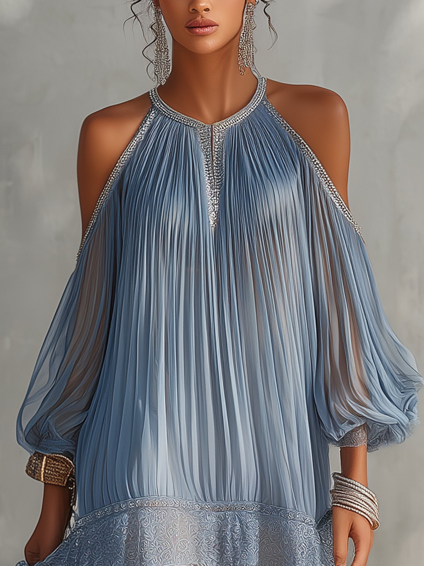 Cinzia | Vestito mini blu a spalle scoperte con ruches e orlo in pizzo