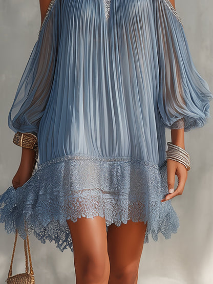 Cinzia | Vestito mini blu a spalle scoperte con ruches e orlo in pizzo
