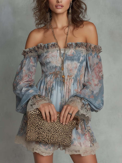 Assunta | Vestito mini in chiffon arricciato con scollo a spalle scoperte e motivo floreale romantico