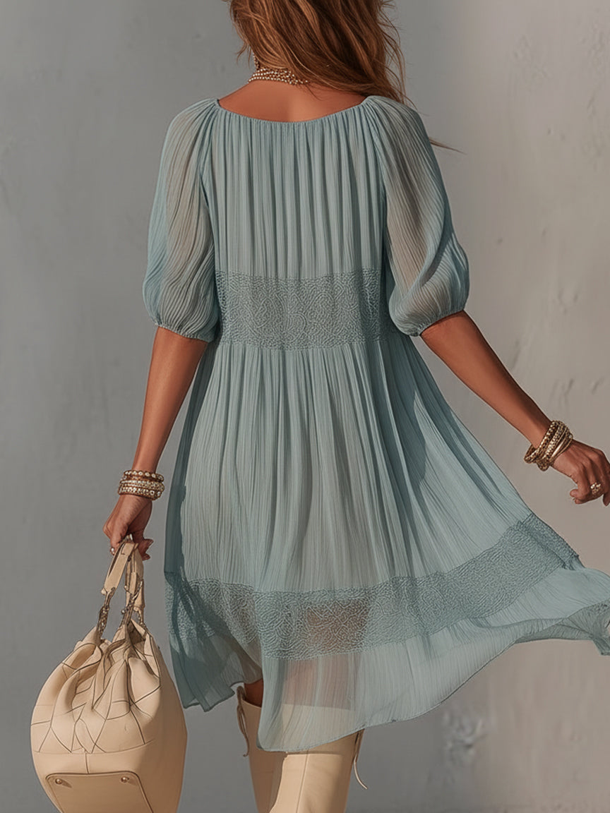 Lorena - Vestito midi blu in pizzo plissettato