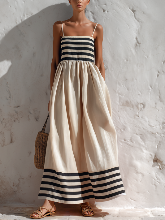 Ortensia | Vestito lungo a righe nere e beige con spalline sottili