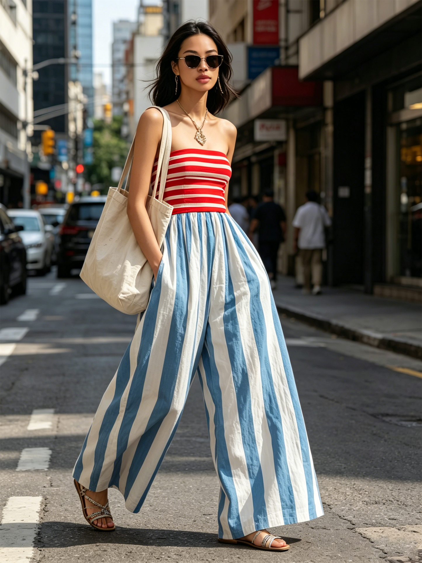 Sonia | Top sin tirantes a rayas rojas y blancas con mono de rayas azules y blancas de pierna ancha