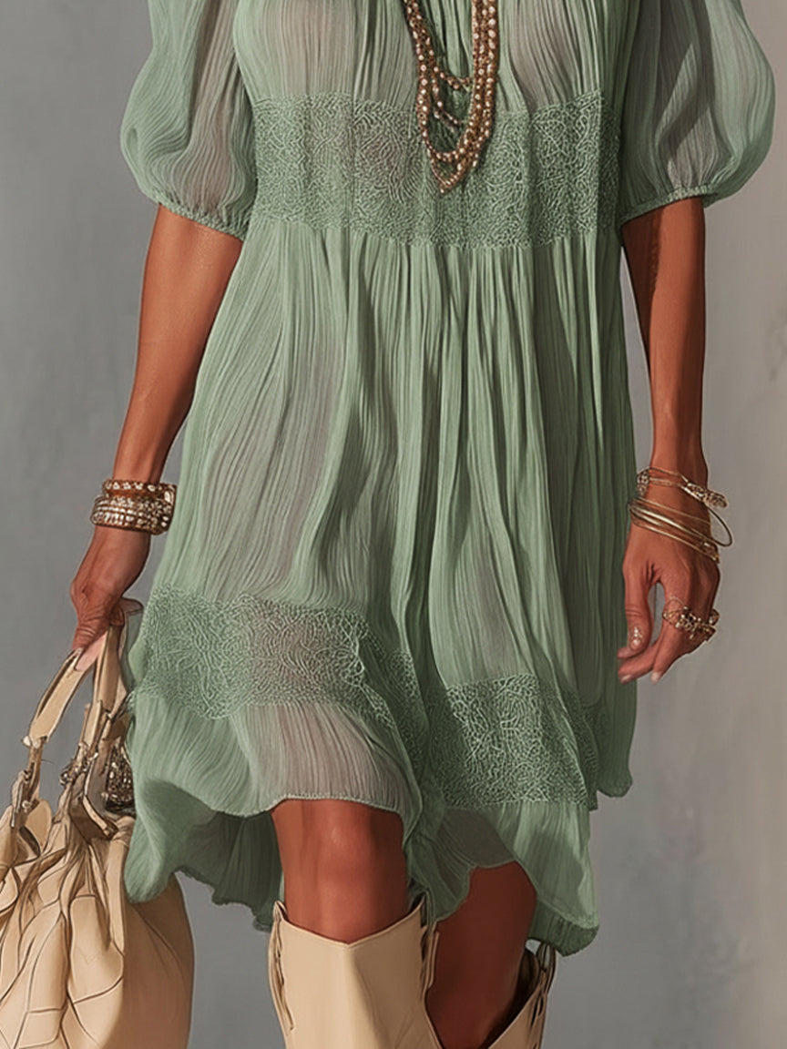 Lorena - Vestito midi blu in pizzo plissettato