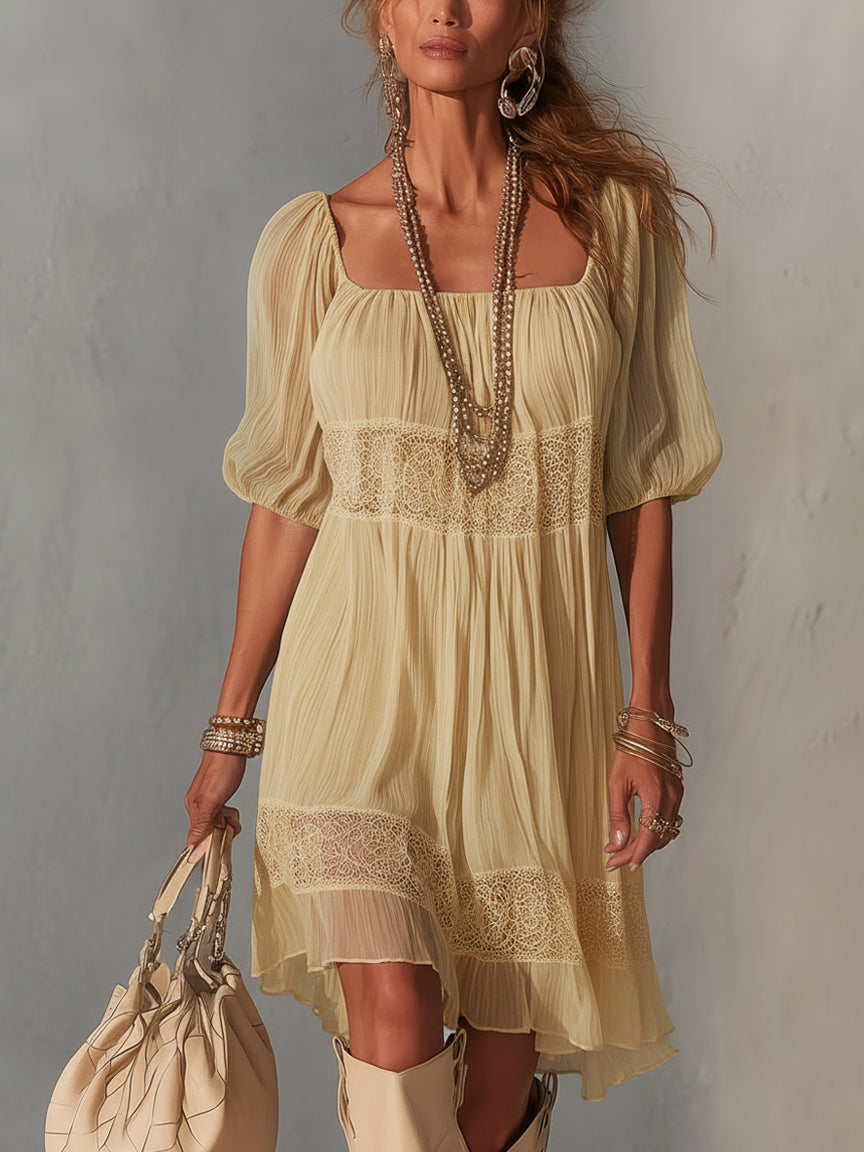 Lorena - Vestito midi blu in pizzo plissettato