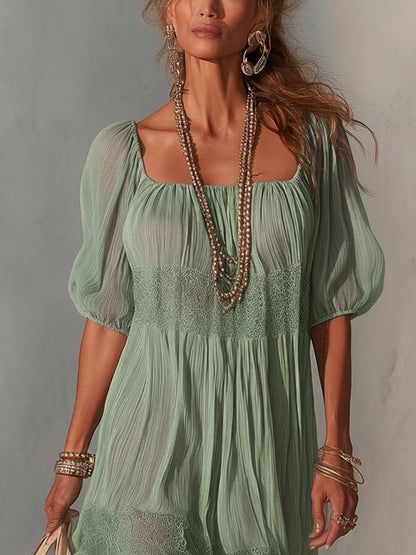 Lorena - Vestito midi blu in pizzo plissettato