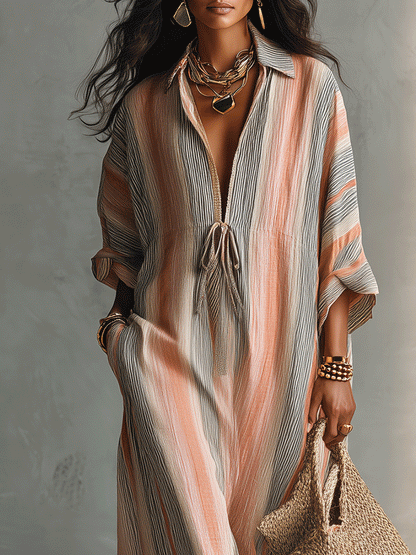 Yolanda | Vestido maxi de playa a rayas, casual y holgado, con escote en V