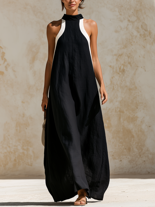 Marta - Vestido maxi de lino con bloques de color negro y blanco y cuello halter