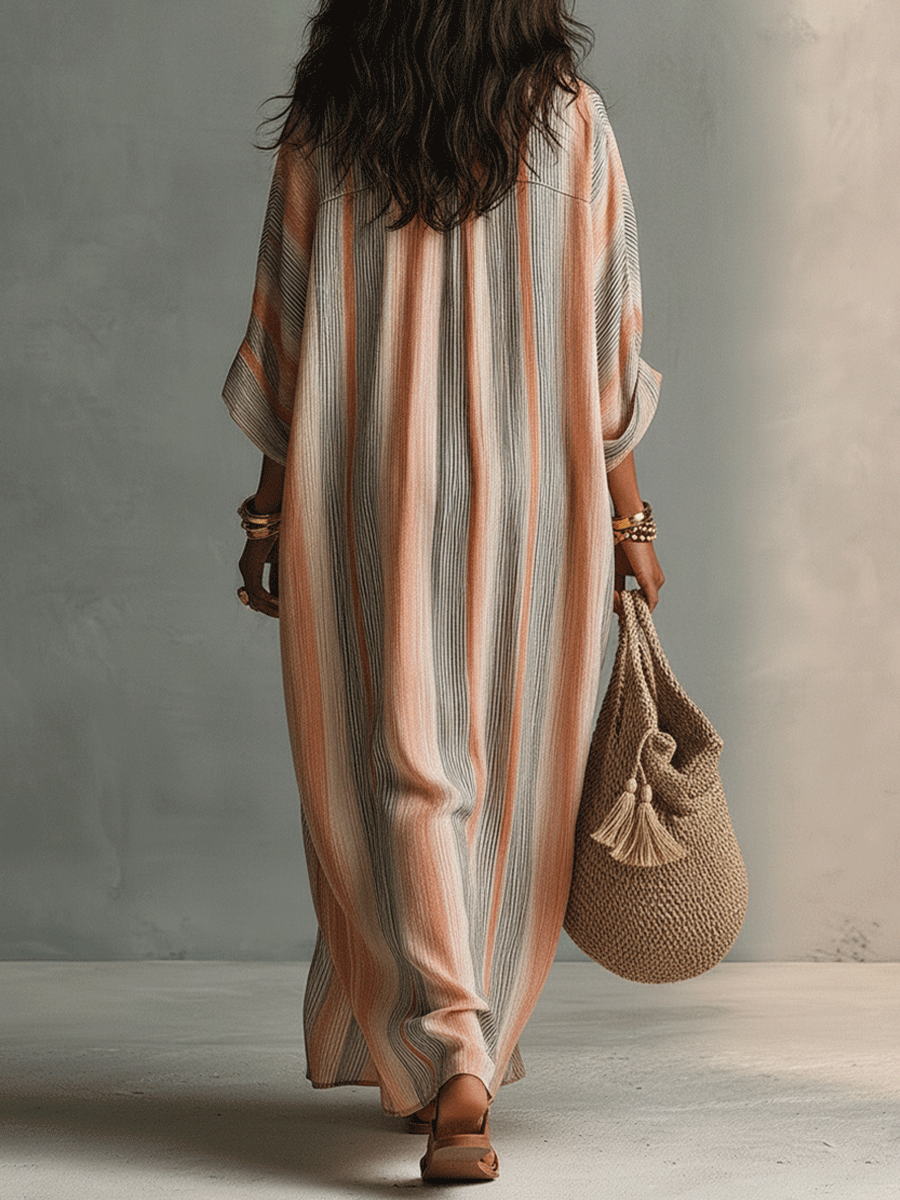 Yolanda | Vestido maxi de playa a rayas, casual y holgado, con escote en V