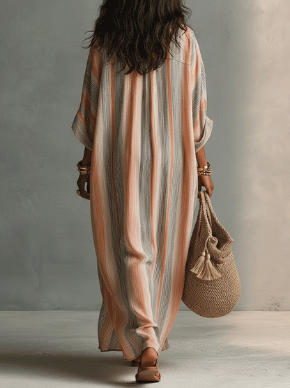 Lucia | Vestito lungo da spiaggia a righe, casual e ampio, con scollo a V