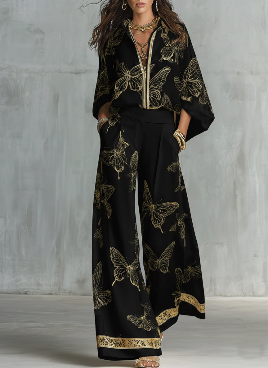 Virginia | Conjunto de dos piezas casual y elegante con estampado de mariposas doradas