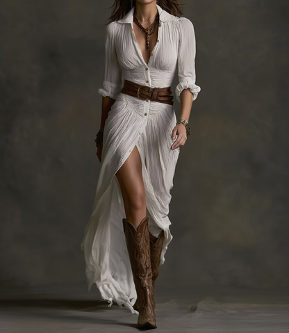 Aurora - Vestido Largo de Lino con Cuello Invertido