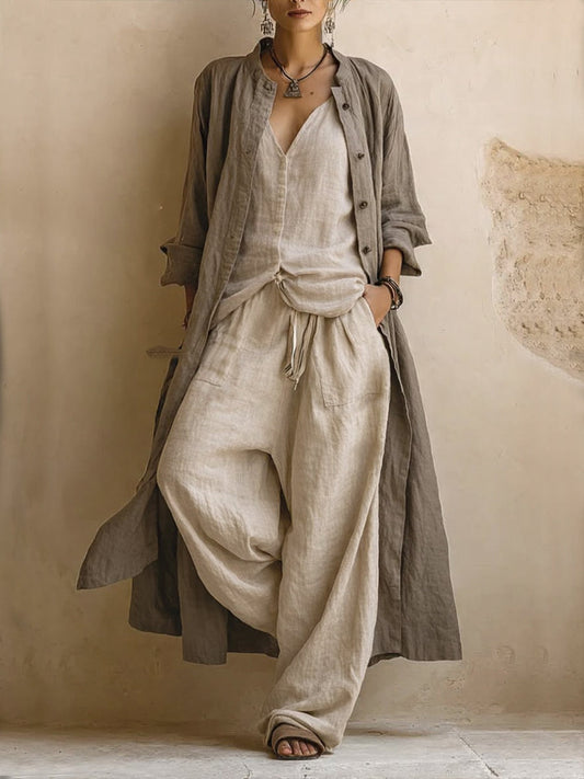 Donatella | Set da tre pezzi casual in lino e cotone: cardigan lungo, top senza maniche e pantaloni in stile bohemiano