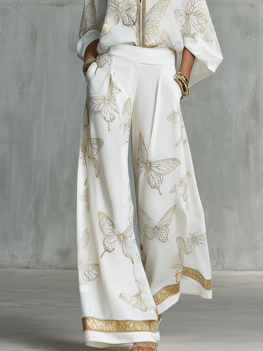 Virginia | Conjunto de dos piezas casual y elegante con estampado de mariposas doradas