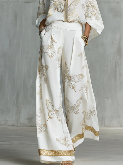Ariadna | Completo due pezzi casual ed elegante con stampa di farfalle dorate