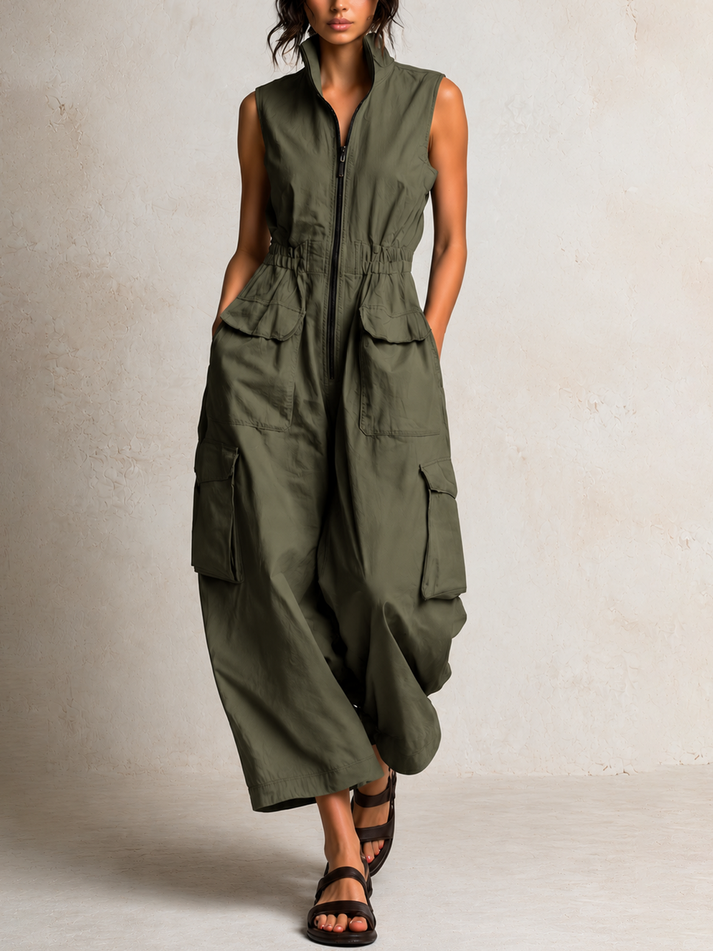 Elisabetta | Tuta senza maniche in twill di cotone beige con tasche cargo