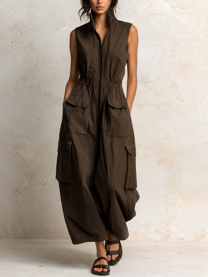 Elisabetta | Tuta senza maniche in twill di cotone beige con tasche cargo