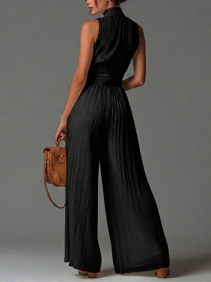 Vittoria · Tuta nera in chiffon con scollo a V, senza maniche, con zip, a pieghe, pantaloni a palazzo