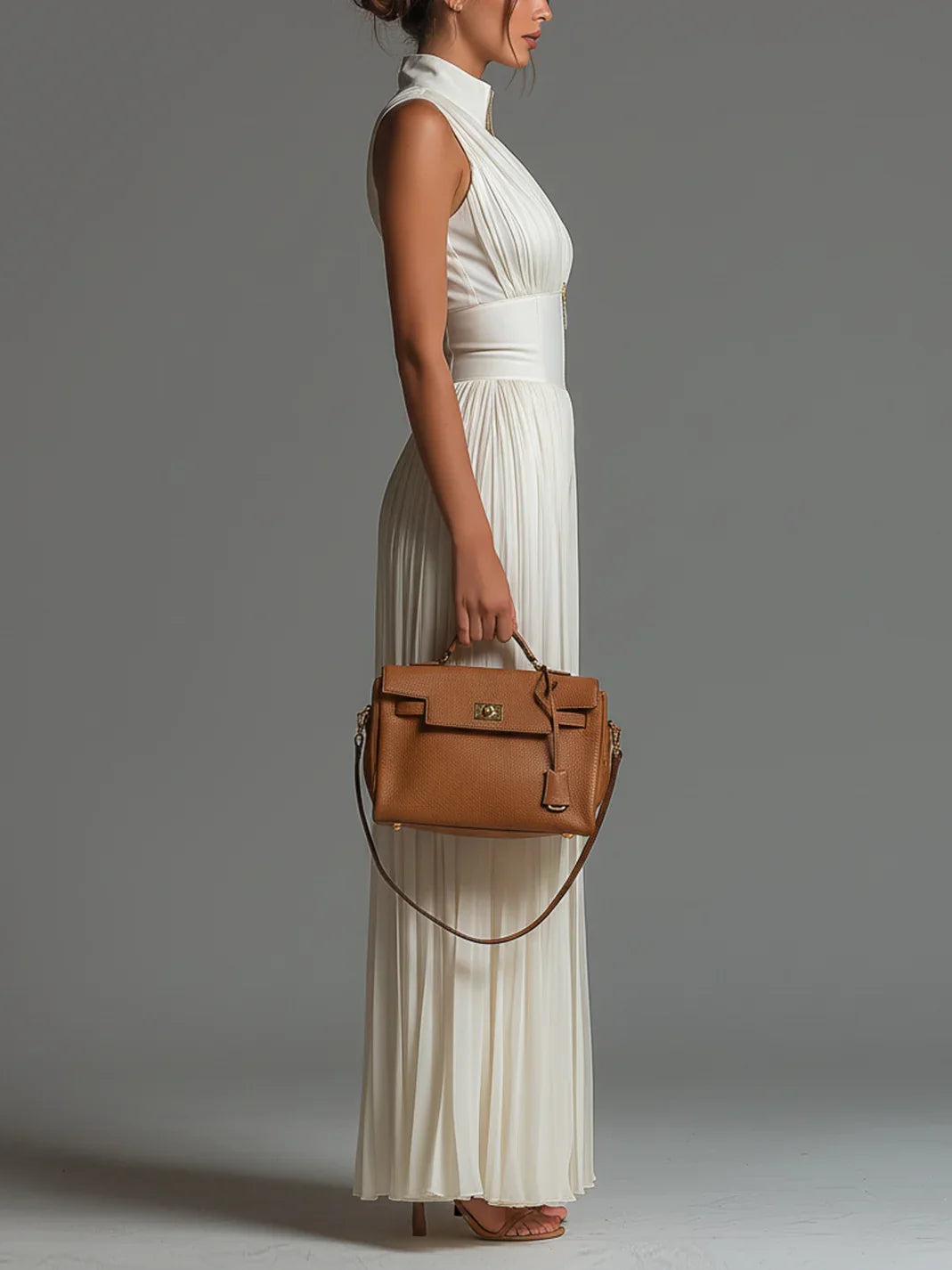 Vittoria · Tuta nera in chiffon con scollo a V, senza maniche, con zip, a pieghe, pantaloni a palazzo