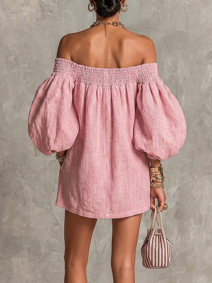 Alba - Vestito mini rosa con spalle scoperte, maniche a lanterna, taglio a-line, vestibilità ampia