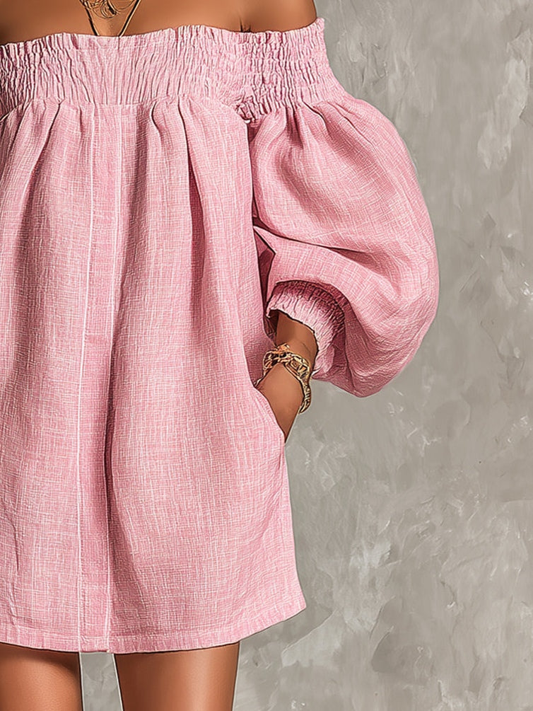 Alba - Vestito mini rosa con spalle scoperte, maniche a lanterna, taglio a-line, vestibilità ampia