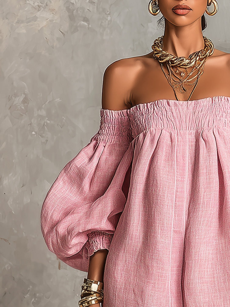 Alba - Vestito mini rosa con spalle scoperte, maniche a lanterna, taglio a-line, vestibilità ampia