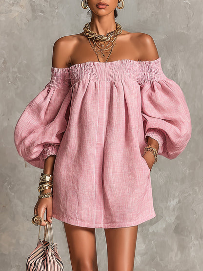 Alba - Vestito mini rosa con spalle scoperte, maniche a lanterna, taglio a-line, vestibilità ampia