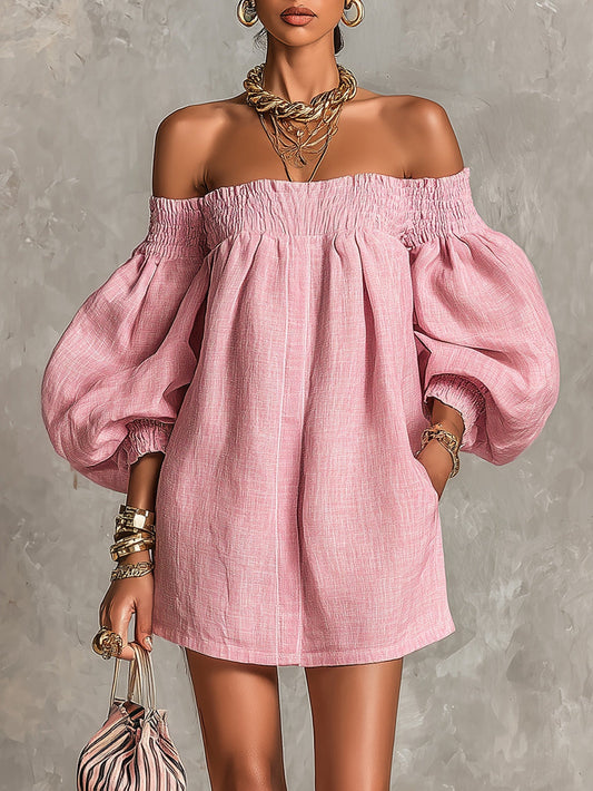 Alba - Vestito mini rosa con spalle scoperte, maniche a lanterna, taglio a-line, vestibilità ampia