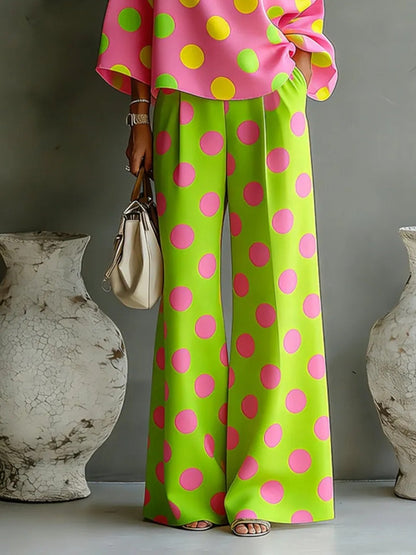 Rossana | Set di due pezzi con blusa senza spalle a pois colorati e pantaloni a gamba larga
