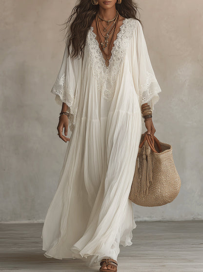Serena | Abito lungo in chiffon bianco con scollo a V, maniche a pipistrello e pizzo bianco