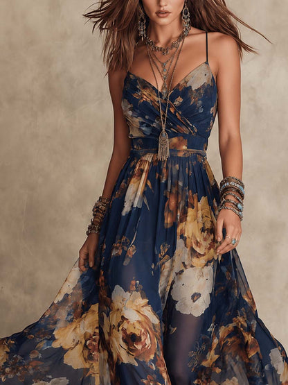 Rosaria | Vestito lungo blu navy in chiffon con stampa floreale e spalline sottili