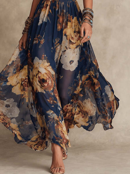 Rosaria | Vestito lungo blu navy in chiffon con stampa floreale e spalline sottili