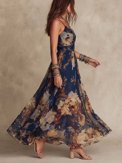 Rosaria | Vestito lungo blu navy in chiffon con stampa floreale e spalline sottili