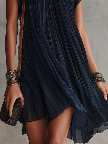 Tamara | Abito corto in chiffon plissé blu navy con ricami floreali