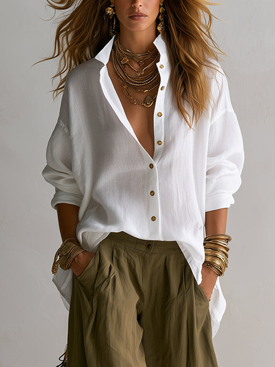 Adriana | Completo camicia bianca ampia e pantaloni verdi a gamba larga a lanterna