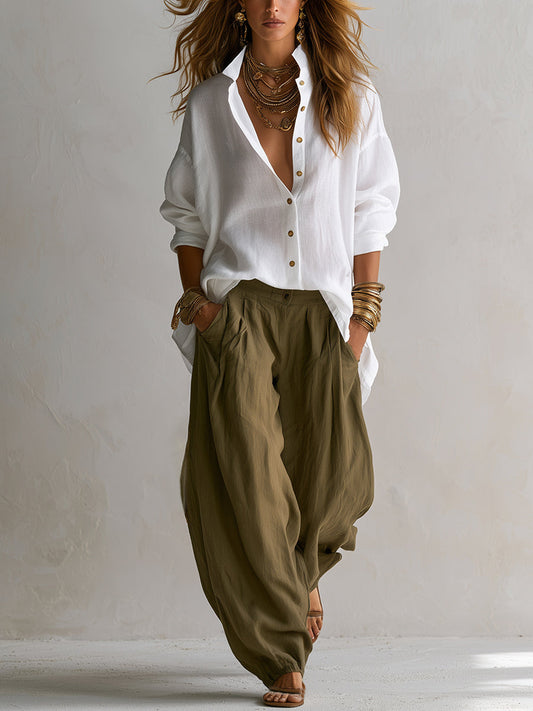 Alejandra | Conjunto de camisa blanca amplia y pantalones verdes de pierna ancha tipo linterna