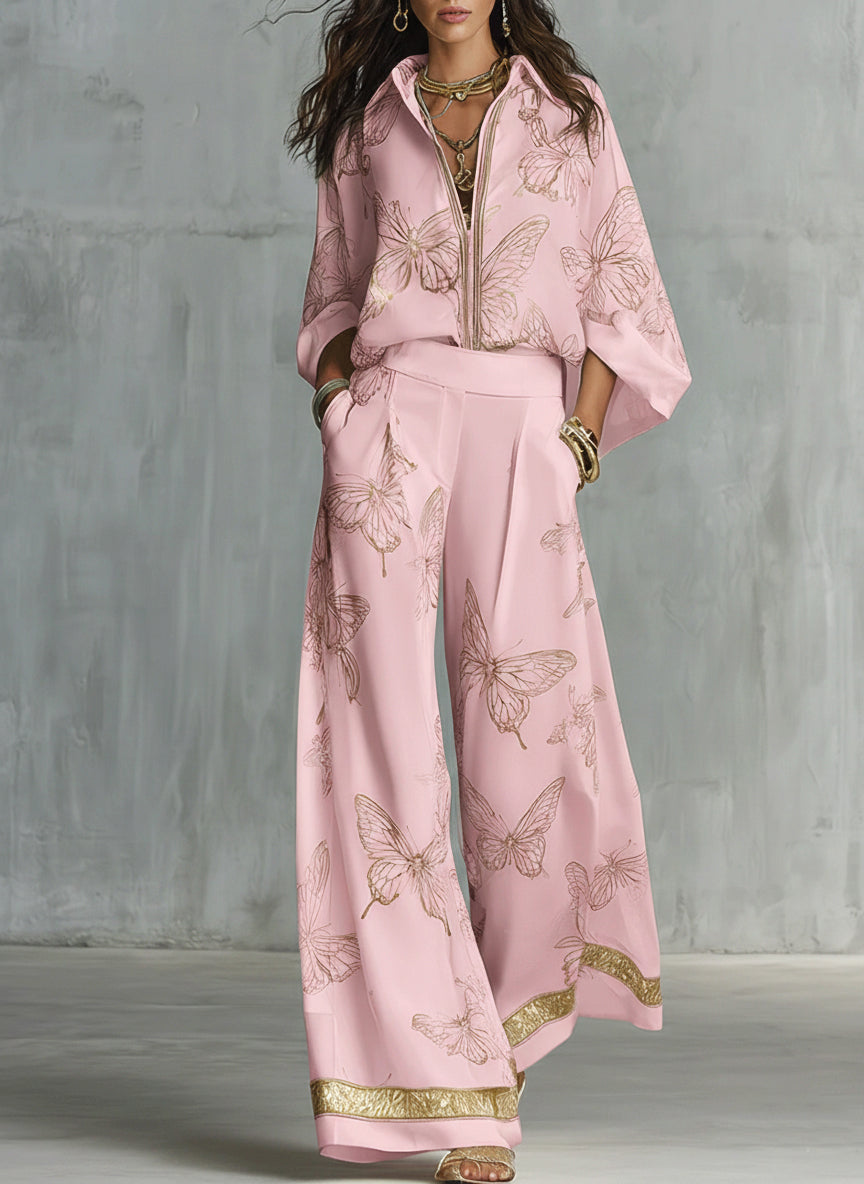 Ariadna | Completo due pezzi casual ed elegante con stampa di farfalle dorate