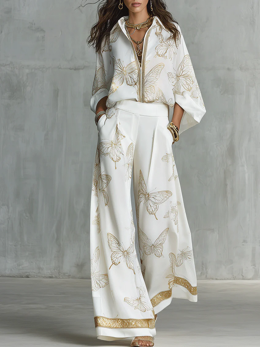 Ariadna | Completo due pezzi casual ed elegante con stampa di farfalle dorate