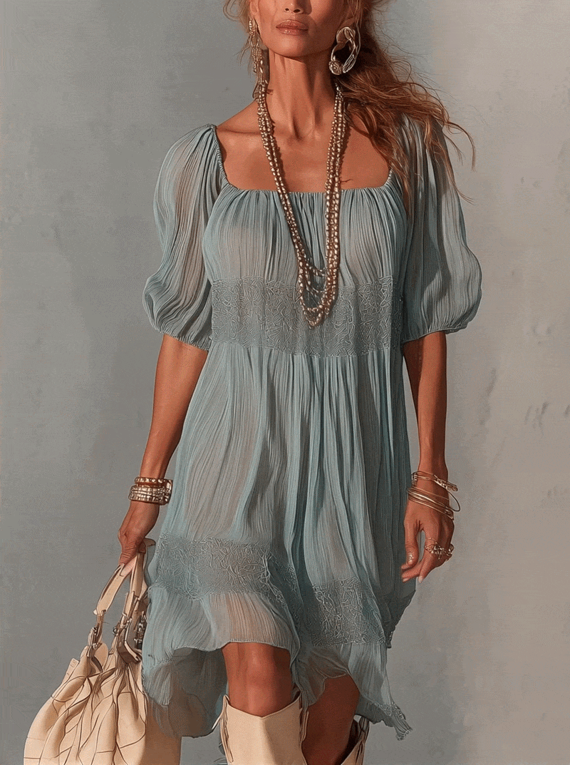 Lorena - Vestito midi blu in pizzo plissettato