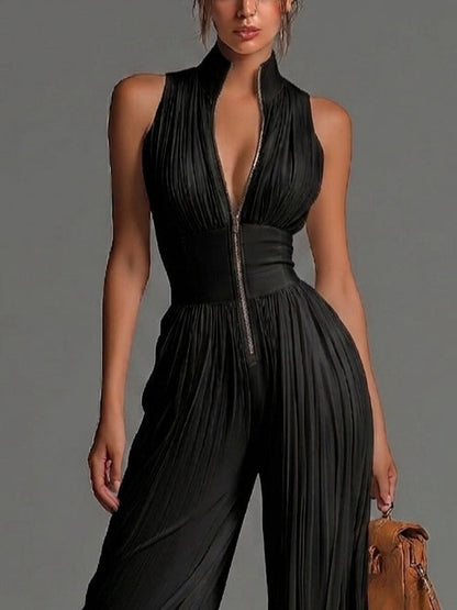 Vittoria · Tuta nera in chiffon con scollo a V, senza maniche, con zip, a pieghe, pantaloni a palazzo