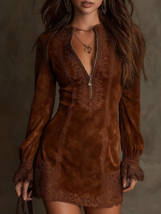 Azulena ❘ Vestido mini vintage de ante con encaje