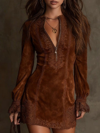 Azulena ❘ Vestido mini vintage de ante con encaje